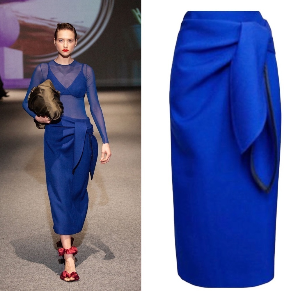 Lake Studio Tie Front Wrap Effect Twill Midi Pencil Skirt Blue Ukraine 44